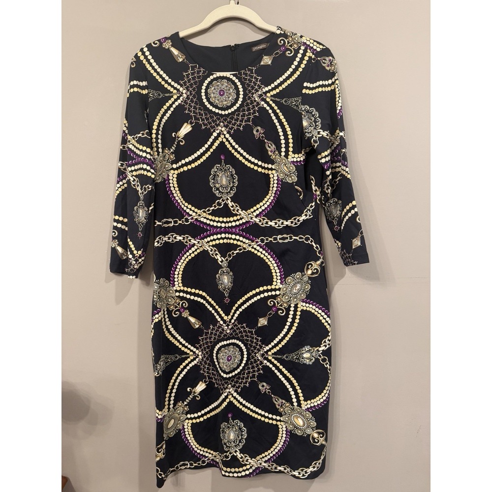 J. McLaughlin‎ Catalina Cloth Chain Print Shift Dress Black Gold Purple Womens M